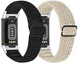 TenCloud 2-Pack Bands intended for Fitbit Charge 5 Women Men Waterproof Elastic Stretchy Loop Soft Nylon Strap Replacement Bands intended for Charge 5 Activity Tracker (Black,Begie)