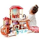 deAO Puppenhaus und Puppen für Mädchen, Dollhouse Traumhaus DIY Bau Spiel Haus mit Accessoires Möbel und Haushalt Zubehör Villa House 3 Jahre altes Geschenk