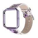 AsohsEN Women Flower Strap for Fitbit Blaze Bands, Genuine Soft Leather Replacement Wristband Bracelet Metal Frame for Fitbit Blaze Smart Fitness Watch (White Purple + Purple)