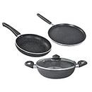 Prestige Omega Deluxe Granite Aluminium 3 Pcs Set- Tawa, Fry Pan & Kadai with 1 Glass Lid|Non-Stick|Spatter-Coated Surface|Induction & Gas Compatible|Black