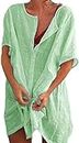 Women Plus Size Summer Casual Loose Beach Blouse，Short Sleeve Buttons Down Solid Long Tunic Shirts (2XL, Verde)