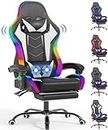Devoko Chaise de Gaming LED avec Massage, Repose-Pieds et Coussin Lombaire - Ergonomique - avec Appui-tête réglable - Charge maximale : 180 kg (Blanc)