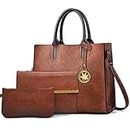 BestoU Handbags for Ladies Black Large Leather Purses for Women Tote Messenger Shoulder Crossbody Bag Set 3pcs (Brown)