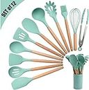 Klick n shop Silicone Kitchen Spatula and Utensils Spoon Set Cooking + Baking Set- 12 Pcs Non-Stick with Wooden Handle-BPA Free, Heat Resistant Item, Flexible Non Toxic Silicon Cookware Tools (Green)