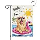 Louise Maelys Welcome Summer Pool Garden Flag 12x18 Double Sided, Burlap Small Golden Retriever Dog Garden Yard House Flags Outside Outdoor Spring Seasonal Pool Porch Lawn Decoration (Only Flag)