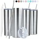 SKINNY TUMBLERS (4 pack) 20oz Stainless Steel Double Wall Insulated Tumblers with Lids and Straws | -Wall Insulated Mug Iced Coffee Cup Travel Tumbler Reusable Water Bottle for Tea, Smoothies (Silver)