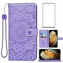 Phone Case for Samsung Galaxy S21 Ultra Glaxay S21ultra 5G Wallet Cases with Tempered Glass Screen Protector Leather Slim Flip Cover Card Holder Stand Cell Gaxaly 21S S 21 21ultra G5 Women Purple