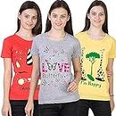 VEERAA CLOTHING Women's Classic Fit T-shirt (Set of 3) (VRCWMCMB005_S_Grey, Red & Yellow_Small)