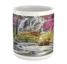 Lunarable Waterfall Mug, Waterfall in Colorful Forest Bushes Feigned Stream Trees Grass, Printed Ceramic Coffee Mug Water Tea Drinks Cup, Magenta Green Pale Brown