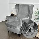 Highdi Wingback Chair Covers 2 Piece Stretch Wing Chair Slipcover, Fashion Solid color Velvet Strandmon Sofa Cover Furniture Protector for Armchair Chairs Living Room Bedroom Hotel (Grey)