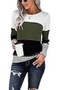 SMENG T Shirts for Womens Clothes UK Long Sleeve Jumper Patchwork Crew Neck Color Block Sweatshirts Quality Clothes Striped Pullover Green Size(uk6-8)