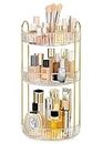 Vorey 360 Rotating Makeup Organizer with Cosmetic Brush Holder, 3 Tier Bathroom Organizer Spinning Perfume Organizers Skincare Organizers Dresser Organizer Makeup Carousel, Clear