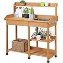 Yaheetech Potting Bench Outdoor Garden Work Bench Station Planting Solid Wood Construction for Horticulture w/Sink Drawer Rack Shelves Natural Wood