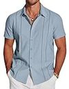 COOFANDY Men's Cuban Guayabera Shirt Short Sleeve Button Down Shirts Casual Summer Beach Linen Shirts Blue
