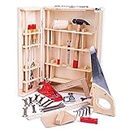 Bigjigs Toys Junior Kids Tool Set - 28 Piece Junior Tool Kit with Real Hammer, Saws, Spanners, Screwdrivers, Quality Wooden Boys Toys age 8 for DIY Projects