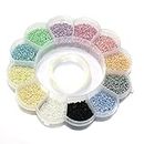 Beadsnfashion 12 Assorted Color Opaque Luster Glass Seed Beads Kit with 12 Mtrs Nylon Thread for Jewellery Making, Beading, Embroidery and Art and Crafts, Size 11/0 (2mm)
