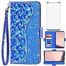 Asuwish Phone Case for Samsung Galaxy S8 Plus Wallet Cover with Screen Protector and Wrist Strap Flip Card Holder Bling Glitter Cell Glaxay S8plus S 8 8plus 8S Edge S8+ SM-G955U Women Girls Blue