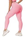 RIOJOY Women's Honeycomb Celulite Leggings, Scrunch/Ruched Butt Fitness Running Tights, High Waist Gym Yoga Pants, L, Pink