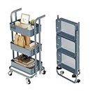 DTK 3 Tier Foldable Rolling Cart, Metal Utility Cart with Lockable Wheels, Folding Storage Trolley for Living Room, Kitchen, Bathroom, Bedroom and Office, Blue-Small