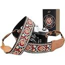Padwa Lifestyle Red Flower Camera Strap - 2" Wide Cowhide Head, Embroidered Cotton Woven Vintage Camera Straps,Universal Neck & Shoulder Strap for All DSLR Cameras and Men & Women Photographers