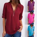 Women Long Sleeve Shirt Zipper V Neck Pullover Blouse Solid Tops Casual Clothes