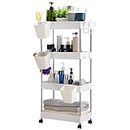 DOEWORKS 4-Tier Storage Cart with Wheels Rolling Utility Cart with Hanging Cups Multi-Purpose Storage Shelf Rack for Kitchen Bathroom Bedroom Office, White