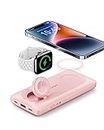 VRURC Magnetic Portable Charger, 10000mAh Power Bank, 3 in 1 Wireless Charger, 22.5W Fast Charing Compatible with iPhone 14 13 12 Series, Apple Watch and AirPods 3/2/Pro etc - Pink