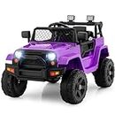 OLAKIDS Kids Ride On Truck, 12V Electric Vehicle Jeep Car with Remote Control, Toddlers Battery Powered Toy with 2 Speeds, Spring Suspension, Double Open Doors, LED Light, Music, TF, USB, Mp3 (Purple)