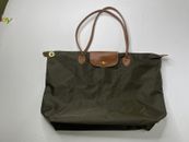 Longchamp Le Pliage Tote Shopping Bag Green Modele Depose Nylon Brown Leather