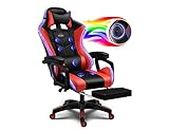 Gaming Chair with LED Lights and Speakers, Music Video Chair for Adults with Massage and Footrest, Ergonomic Chair with Headrest and Lumbar Support, Maximum Load 150KG. (Black+Red)