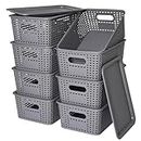 Plastic Storage Baskets with Lid - Plastic Storage Containers Stackable Storage bins: Storage Baskets for Organizing Shelves Drawers Desktop Closet Playroom Classroom Office, 8 Pack-Gray