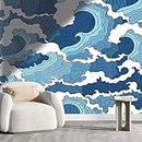 YANFENQI Papel Tapiz para Muebles De Madera Blue Wall Covering Wave Japanese Style Classic Tv Background Easy to Install (W) 31.5" X(H) 24"