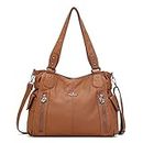Angelkiss 2 Top Zippers Large Capacity Multi Pockets Purse Handbags for Women/Washed PU Leather Purses/Travel Tote Bags/Crossbody Shoulder Bags 1193 (Brown)