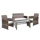 Gardeon Outdoor Table and Chairs Lounge Set 4pcs Rattan Wicker Dining Tables Chair Setting Sofa, Patio Conversation Sets Garden Backyard Furniture, Weather-Resistant Cushions Grey Glass Tabletop