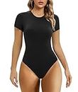 SHAPERX Body-Hugging T-shirt Bodysuit Tops for Women Soft Cresw Neck Body Suits Fit Everybody Thong Jumpsuit, AU-SZ5249-Black-M