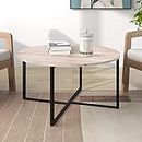 Table basse ronde pour salon avec pieds en métal, noir + chêne blanc.