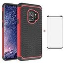Phone Case for Samsung Galaxy S9 Plus with Tempered Glass Screen Protector Cover Slim Rugged Hybrid Silicone Rubber Hard Heavy Duty Cell Accessories Glaxay S9+ 9S 9+ S 9 9plus S9plus Cases Black Red