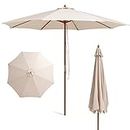 HAPPYGRILL 10 FT Wooden Patio Umbrella with Rope Pulley Lift, 8 Bamboo Ribs, 3 Adjustable Heights, Vented Roof, Outdoor Table Umbrella for Garden Poolside Backyard