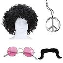 4Pcs Hippie Costume Men Accessories Peace Medallion Fancy Dress Funky Afro Fancy Dress Wig Peace Sunglasses Moustache