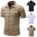 Mens Cargo Work Shirt Military Casual Slim Fit Short Sleeve Shirts Tops