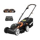 Worx WG779E.2 40V 34cm Cordless Lawn Mower, Petrol-Like Power, Cut-to-Edge Design, Adjustable Height, with 2x2.0Ah Batteries and Charger, Part of PowerShare Range