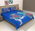 Jaipur Pride Rajasthani Print Cotton Double Size Bedheet with 2 Pillow Cover Set for Queen Size Bed | Stylish & Attractive Design Flat Sheet for Living Room & Bedroom (Blue, Pink)