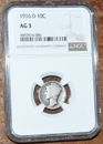 USA 1916D Mercury Dime - Rare Problem Free Key Date Coin - NGC Newly Graded AG 3