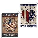 COLEEY DMC 2 Pack Home Decorative Garden Flags Double Sided, Burlap Welcome Quotes House Yard Decoration, America Patriotic Rustic Seasonal Outdoor Yard Flags 12.5 x 18 Inch
