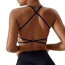 Qmttoae Sports Bras Women Strappy Backless Sports Bra Fitness Criss Cross Back Yoga Bra with Removable Padded Gym Workout Top (Black,L)