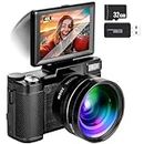 4K Digital Camera with Flip Screen and Wide-Angle/Macro Lens, 48MP HD Vlogging Camera for YouTube with 32GB SD Card - Compact Beginner Photography Cameras & Video Recording Device