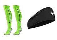 JUST RIDER Bamboo Football Socks, Stockings for Men & Women, Knee High Length Superior Grip for Shin Guard, Anti Slip Blister Protection Anti Odour (GREEN)-With Head Band