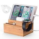 Bamboo Charging Station for Multiple Devices - Pezin & Hulin Electronic Docking Station Organizer for Smartphone, Smart Watch, Earbuds, Tablet (Included 6 Charging Cables, No Power Supply)