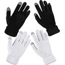 2 Pairs Women's Winter Touchscreen Gloves Warm Fleece Lined Knit Gloves Elastic Cuff Winter Texting Gloves, Black, White, One size