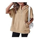 2024 Women's Oversized Casual Half Zip Short Sleeve Pullover Tops with Pockets,Summer Fashion Collar Hoodie Sweatshirt (Khaki, M)